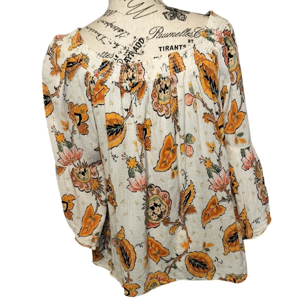 Chaps Womens M Floral Paisley Smocked Off‎ Shoulder Bell Sleeve Cotton Blouse
